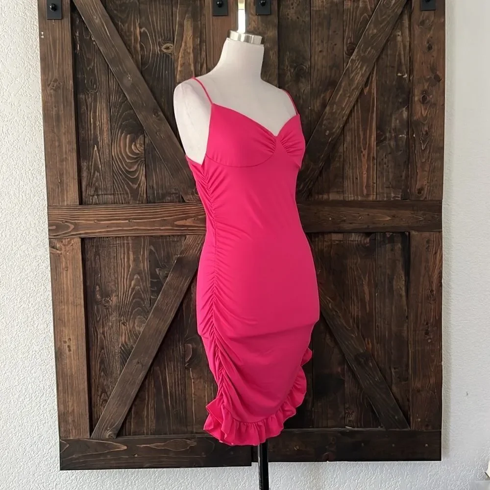 NWT Spaghetti Straps Bodycon Ruffle Hem Ruched Party , Cocktail Mini Dress - Picture 3 of 11